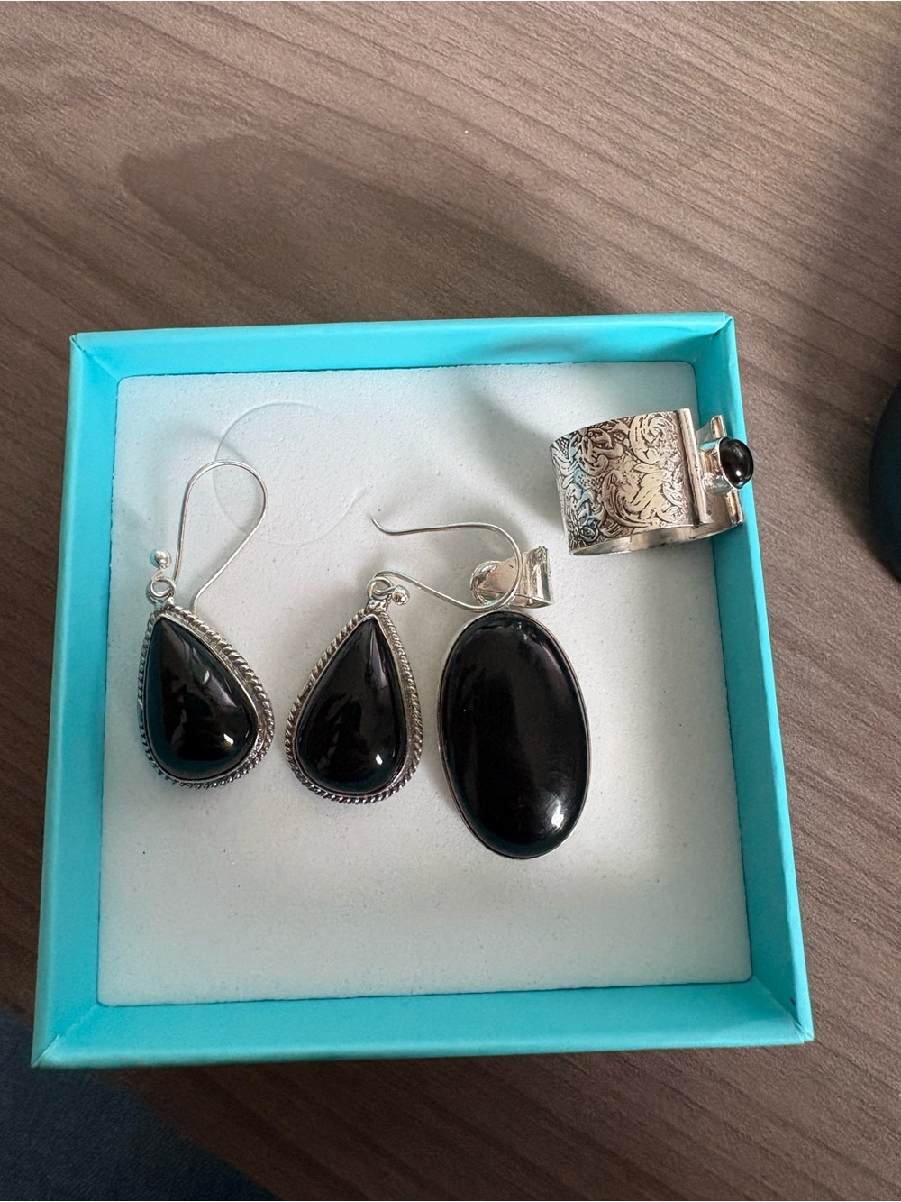 Sterling Silver Black Onyx Teardrop Earrings and Pendant Set
